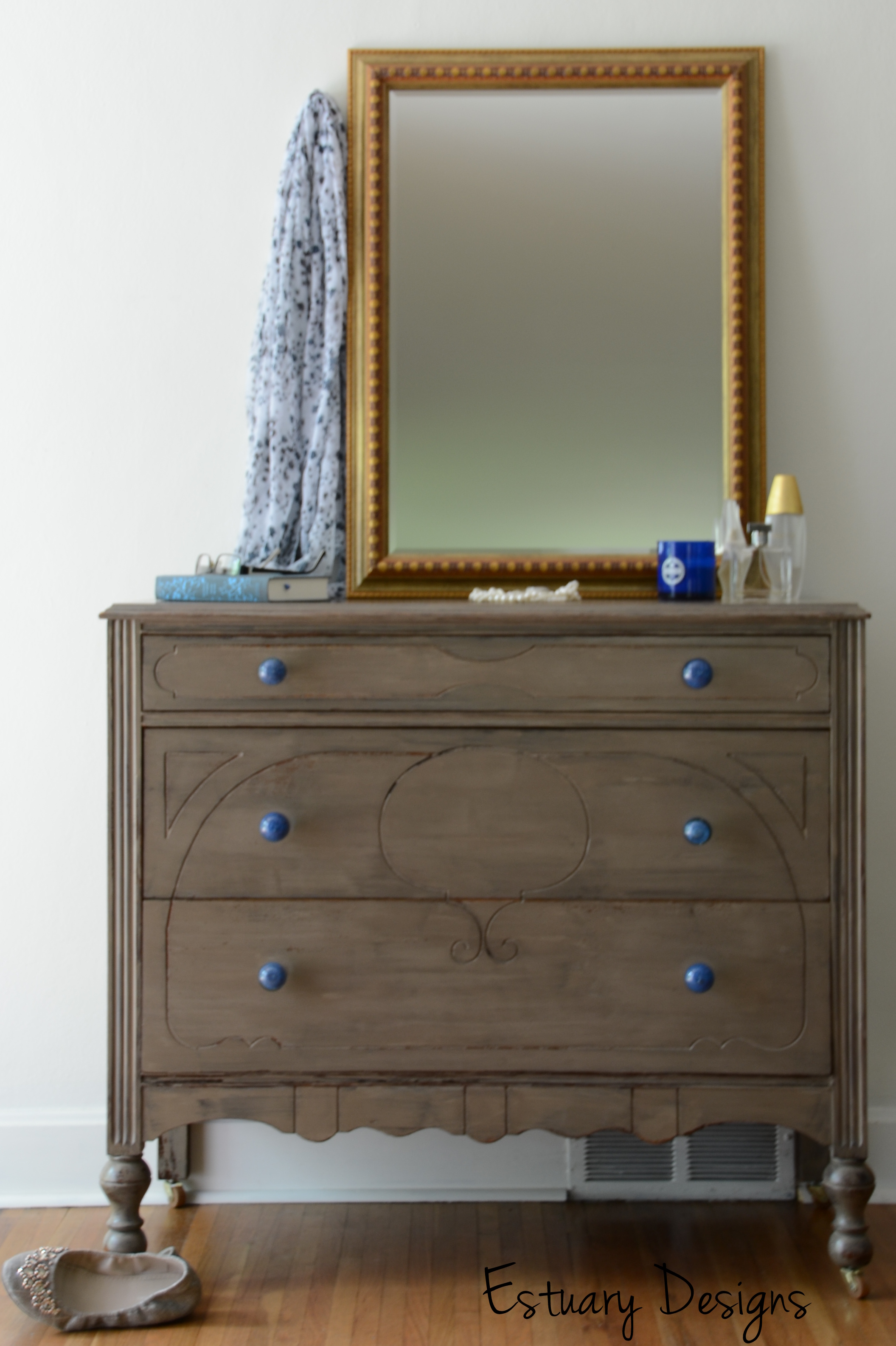 A Driftwood Esque Dresser With Blue Glass Knobs Estuary Designs
