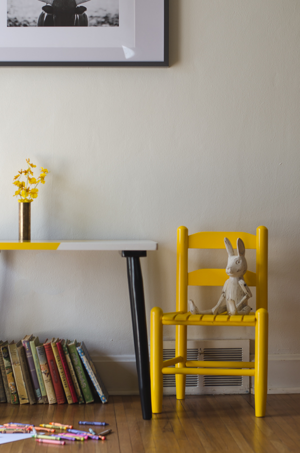 Child table and chair makeover in black, white and yellow